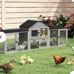 82″L 3-Compartment Double Rabbit Hutch Gray 