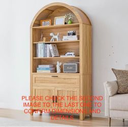 74" Tall Arched Bookcase Cabinet with Doors & Drawers – Natural Wood Storage Hutch