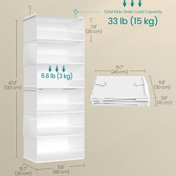 SONGMICS Hanging Closet Organizer 6-Tier Fabric Storage Shelf w/ Side Pockets - Cloud White