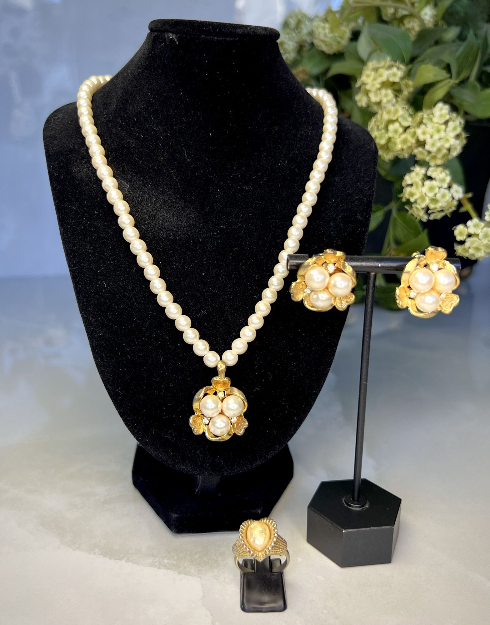 Vintage Costume Jewelry Set Necklace Clip Earrings Ring A Vtg Collector's Dream