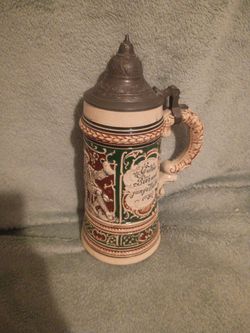 Antique German Ceramic Beer Stein with Pewter Lid