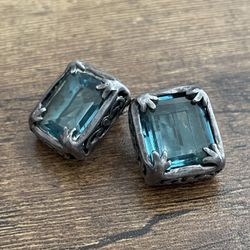 Signed Maria Elena Munoz MEM Sterling Silver Mexico Blue Glass Earrings 925