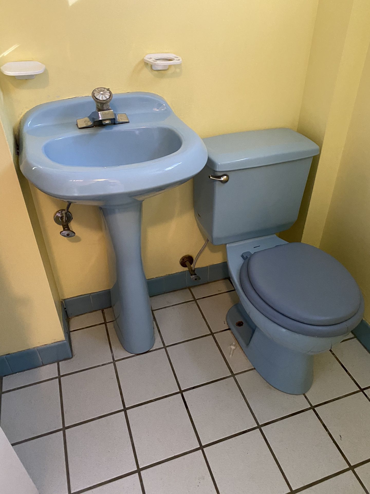 Artesian retro pedestal sink and toilet in blue