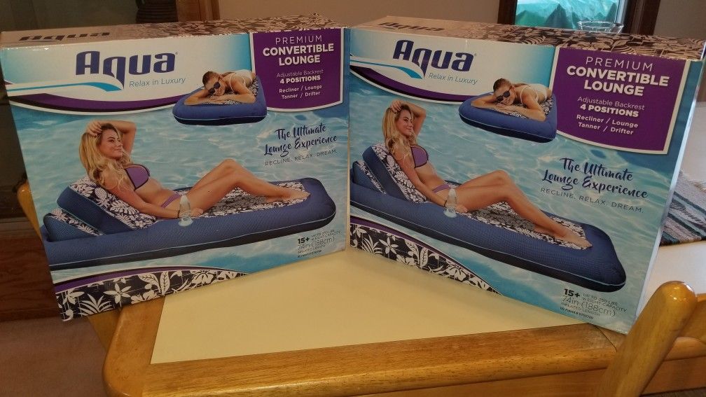 2 NEW AQUA PREMIUM CONVERTIBLE POOL LOUNGES. 55.00 EACH. PICK UP MIDDLEBORO ONLY FINAL SALE