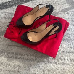 Size 38 Christian Louboutin Black leather private number 120 kid sling back 