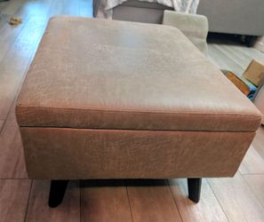 Simpli Home Owen 34"W Upholstered Vegan Leather Mid-Century Modern Rectangular Lift-Top Ottoman