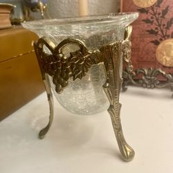 Gorgeous Vintage Crackle Glass Pillar Candle Holder Solid Brass 3 Footed Base Leaves & Grapes