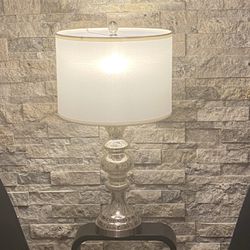 Beautiful  Table Lamp With Textured Mercury Glass Base And New White Linen Lamp Shade, H26”