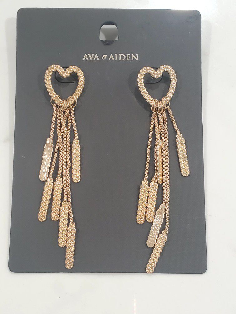 Ava & Aiden Heart Gold plated 5" Long chain Studs earrings New 