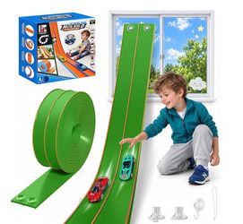 Dual-Track Side-by-Side Racing Experience: Designed for exciting head-to-head competition, this 15-ft flexible race track features a dual-lane design