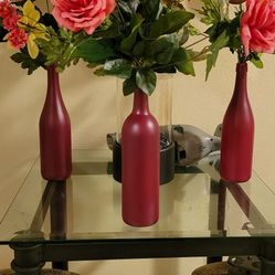 3 Maroon Wine Bottle Vase With Flowers