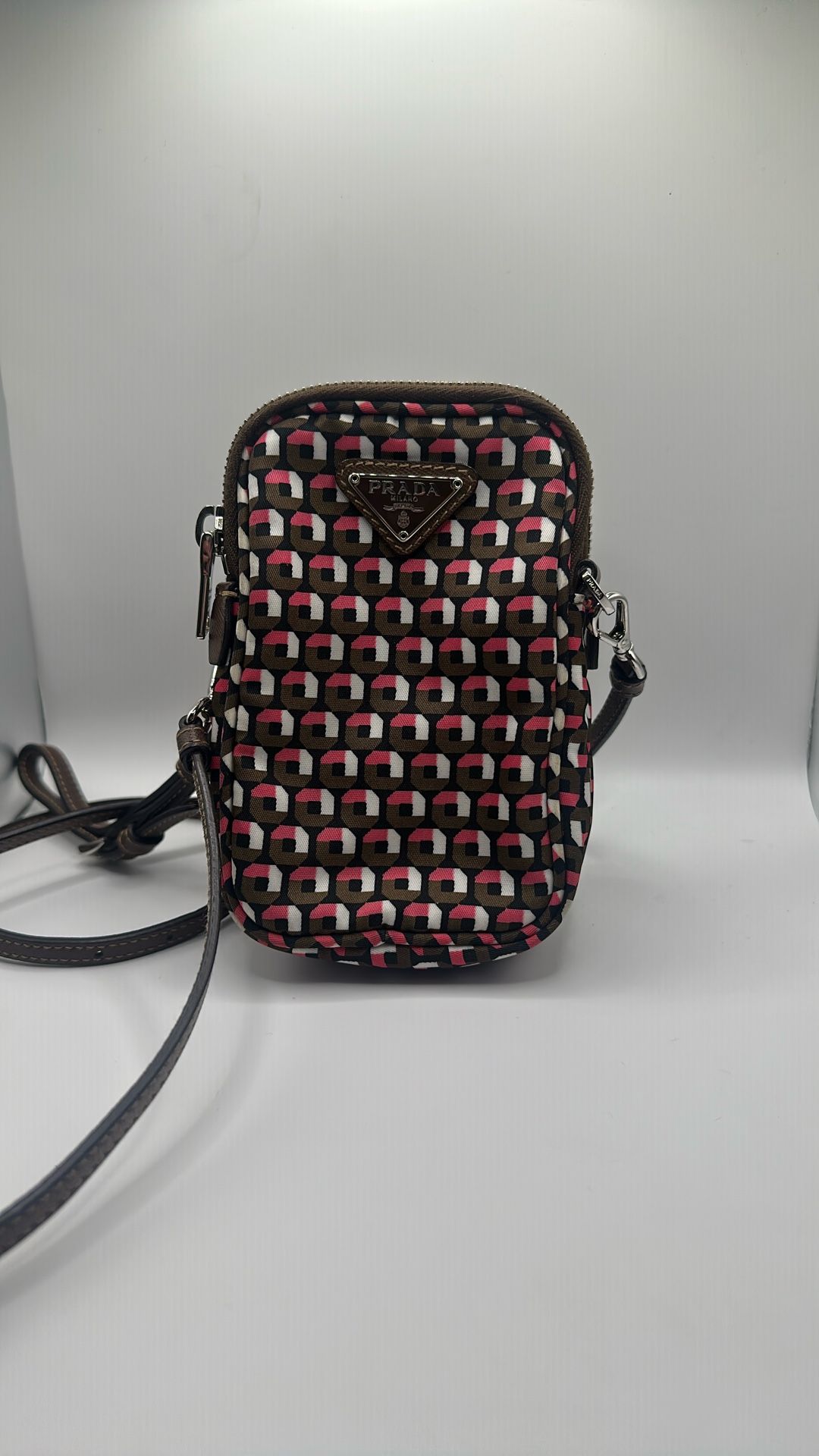 PRADA Shoulder Bag Nylon Leather Brown Pink Silver Auth 1n1860