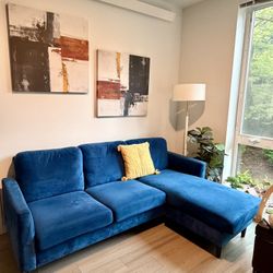 Modern Blue Velvet Sectional Sofa with Chaise – Excellent Condition