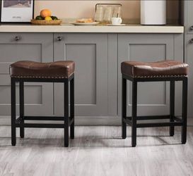 Counter Height Bar Stools Set of 2 Industrial Vintage Bar Stool with Nailhead, Faux Leather Barstool with Footrest, Saddle Stool for Kitchen Island, D