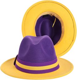 Men Women Two Tone Classic Wide Brim Fedora Hat with Yellow Purple Buckle One Size