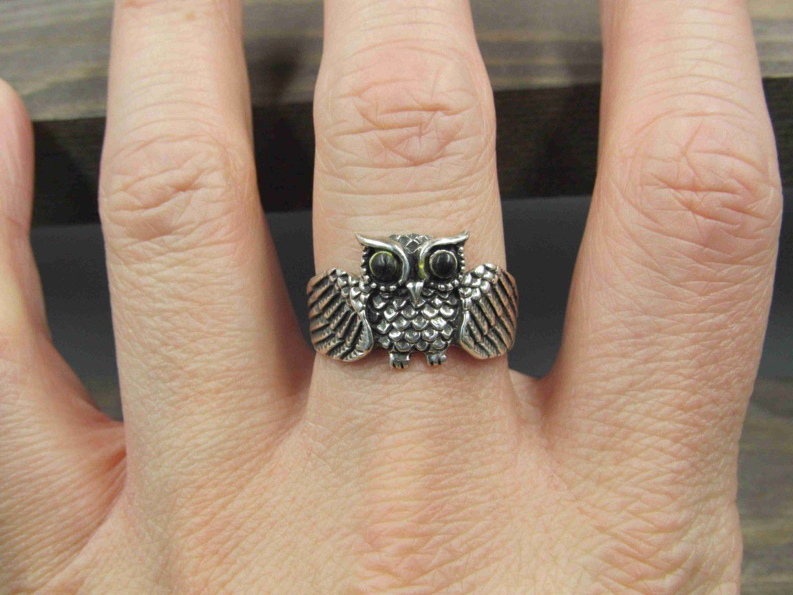 Size 9.5 Sterling Silver Rustic Unique Owl Band Ring Vintage Statement Engagement Wedding Promise Anniversary Bridal Cocktail