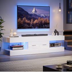 K114-TV Stand for 55/60/65 Inch TV, High Gloss Modern TV Stand with Stone-Patterned Side Panels, LED Entertainment Center with Large Drawer, TV Consol