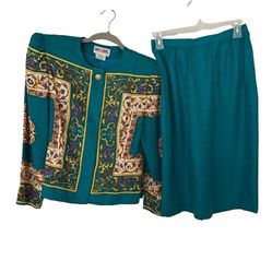 Vtg Maggy London Woman’s 100% Silk Blue Blouse & Skirt Set,  Sz 8
