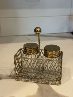 Gold Glass Salt and Pepper Shaker Set with Gold Caddy