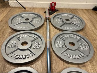 Olympic Set Of Gray CAP Cast Iron Weight Plates  from 5s to 45s  Pounds In NEW Condition, [Total: 240 lbs].  👀 BARBEL NOT INCLUDED 👀