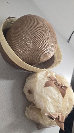 Sally Victor Vintage Brown Straw Hat with Ivory Veil & Velvet Bows USA