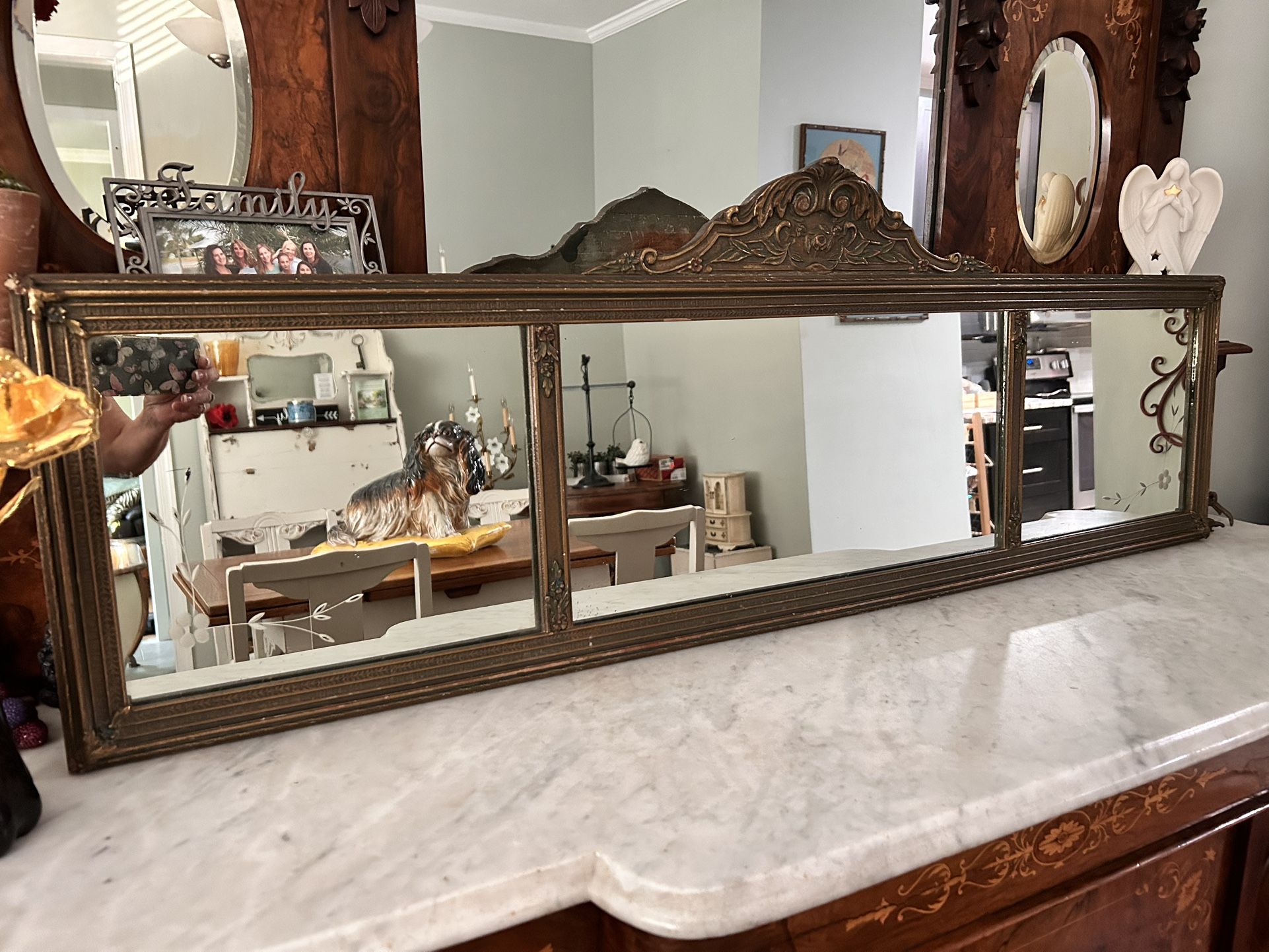 Antique Ornate Tri 3-Panel Mantle Buffet Floral Etched Gesso Wood Wall Mirror