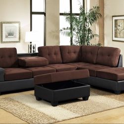 New Chocolate Reversible Sectional And Ottoman