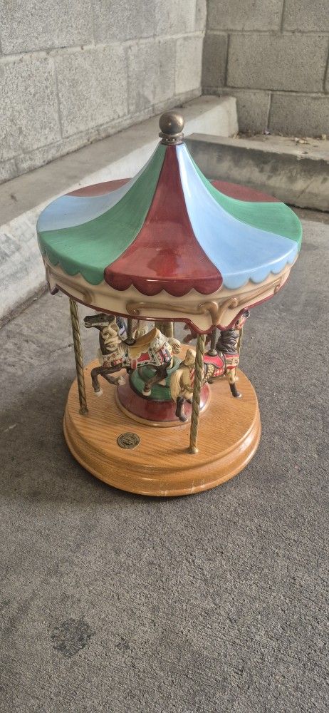 Musical Carousel Four Porcelin Rotating Horses on Oak Base Carousel Waltz