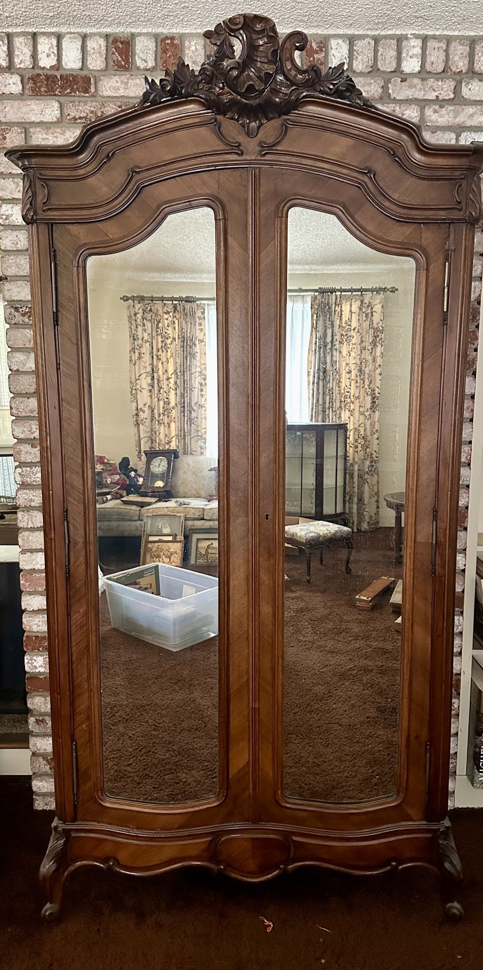 Antique French Rococo Armoire ~ Louis XV 2 Door Armoire ~ Mirrored Door Armoire - Walnut