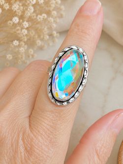 Faceted Aura Rainbow Topaz 925 Silver Ring Sz 8.5