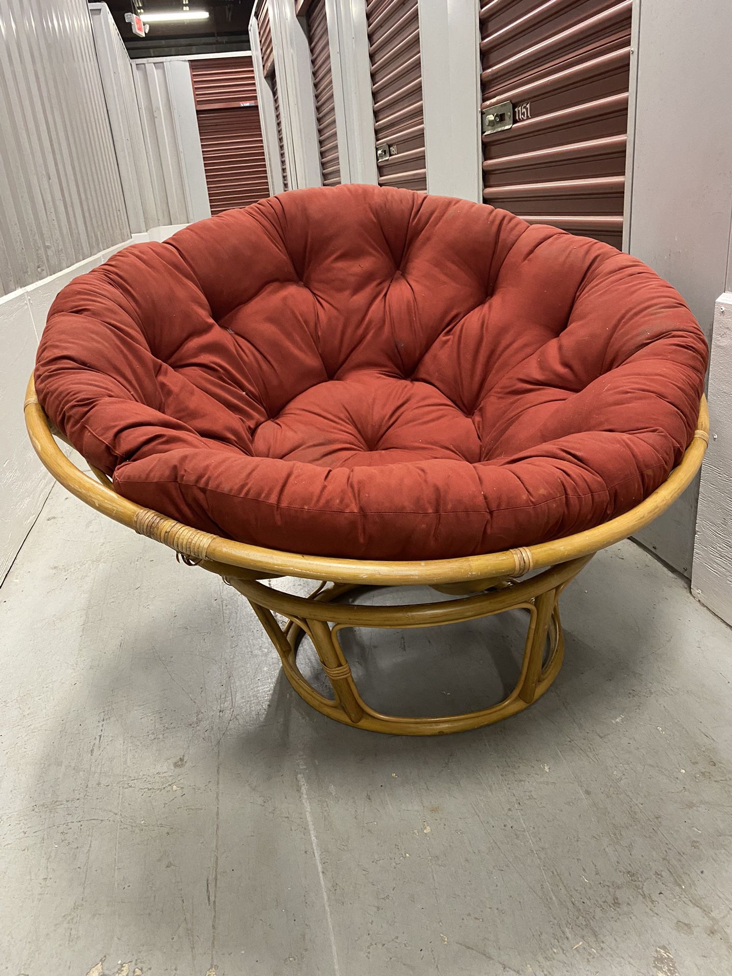 Papasan Chair Set Including Bamboo Frame Plus Cushion  Good pre-owned condition. There are some stains on the cushion but you could likely scrub them 