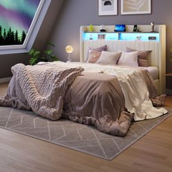 SHA CERLIN Queen Size Lift Up Storage Bed Frame/LED Lights/Charging Station/2-Tier Shelves Headboard/USB,Type-C Ports/Velvet Upholstered/Hydraulic Sup