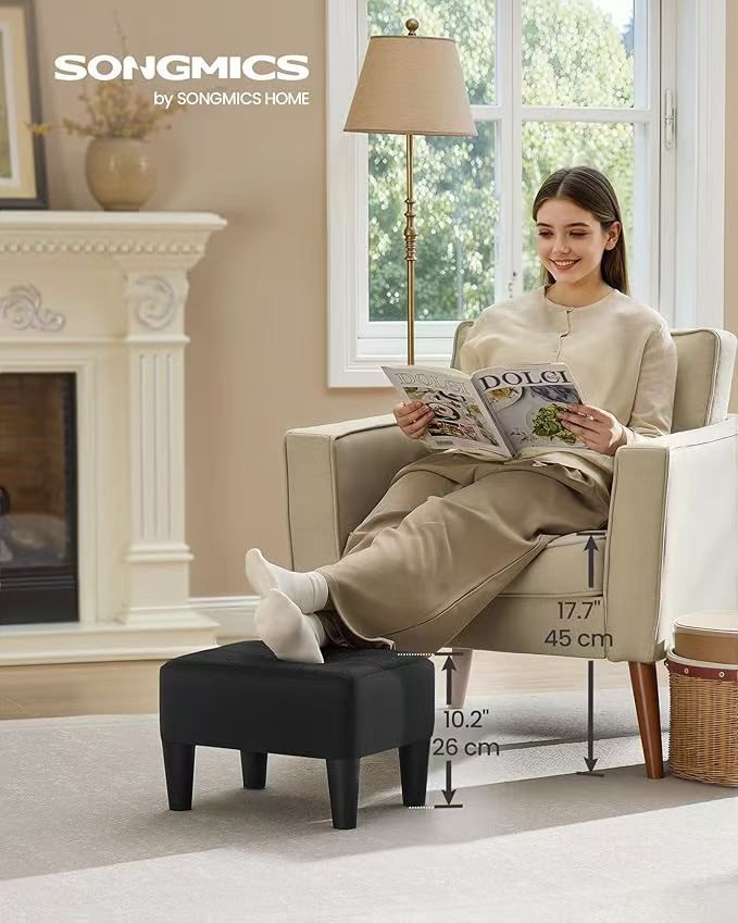 SONGMICS Foot Stool with Legs, Small Footstool Ottoman, Linen-Look Fabric Seat with Thick Cushion, for Living Room, Bedroom, Entryway, 330 lb Weight C