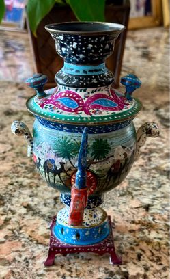 Vintage Decorative Miniature Persian Samovar with hand-painted artwork and intricate designs and colors
