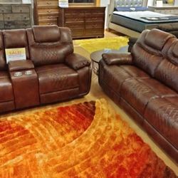 Summer sale event. Santiago Brown, leather reclining sofa and loveseat set now $1199. Easy finance option. Same day delivery.