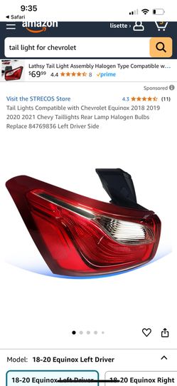Tail For Chevrolet Equinox Right Side 2018 To 2021