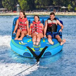 Used 3 Person Inflatable Towable Tube for Boating, Waterskiing with EVA Foam Seat Pads-Blue
