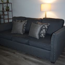 Gray Studded 3-Cushion & 2-Cushion Sofa Set – Gently Used + FREE Extras!