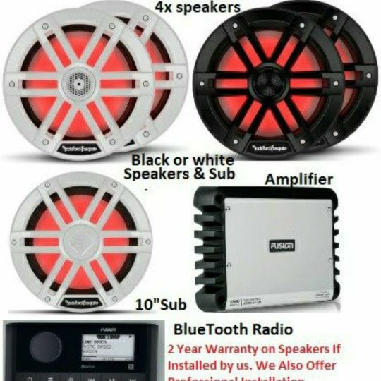 Rockford Fosgate (Marine) Audio System For Boat 4x  RF 8" Speakers M1-8, 1x RF 10" Sub M1D4-10, 1x 5-CH Amp, 1x Fusion (We Also Have JL Audio Marine)