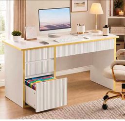 47-Inch Fluted Computer Desk with 4 Drawers, White and Gold
Compact Home Office Desk with 4 Storage Drawers, Including a Deep File Drawer, White and G