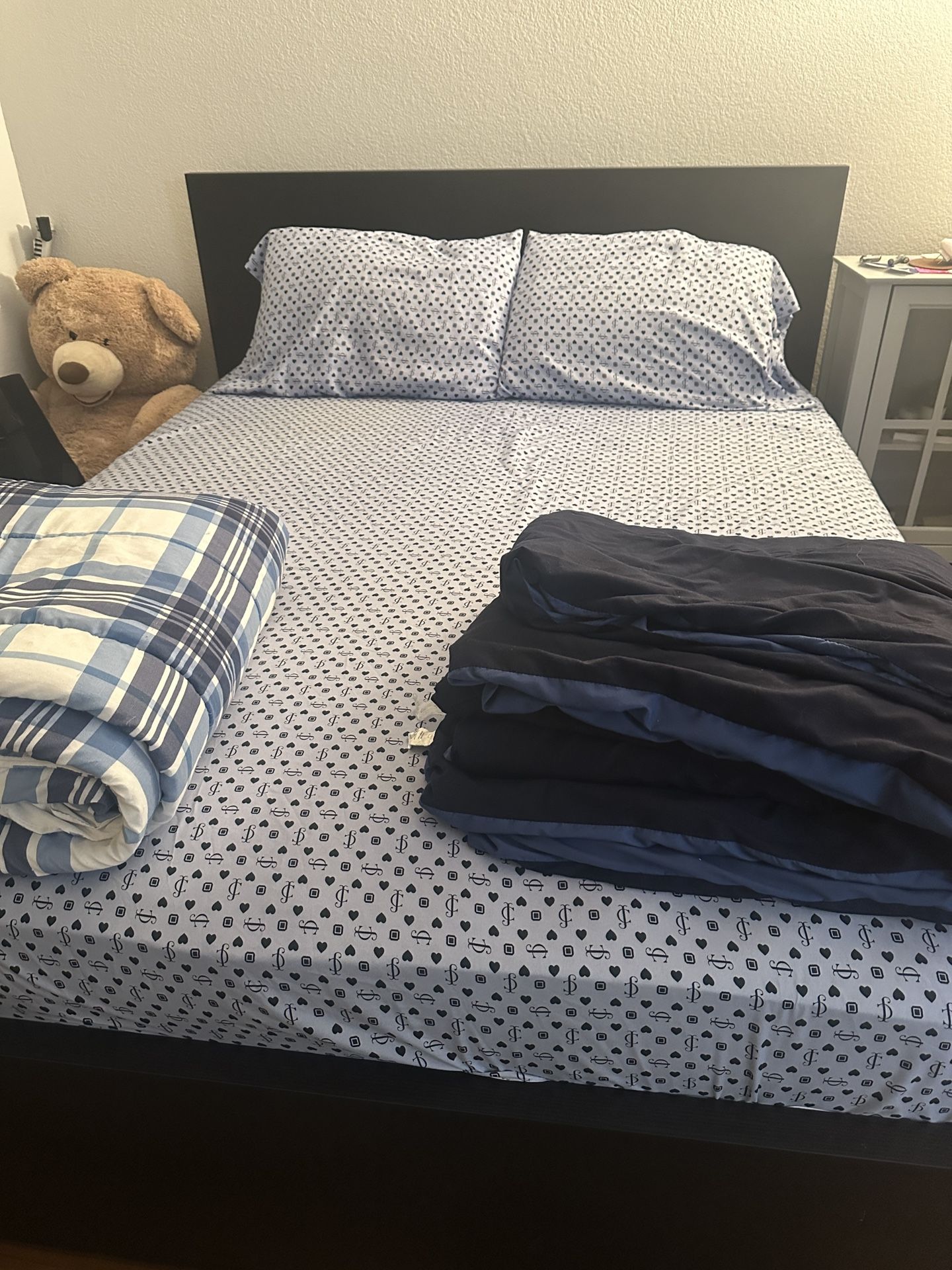 IKEA Malm queen bed frame with 4 storage boxes