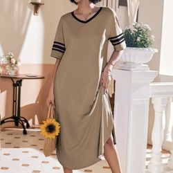 Ekouaer Long Nightgown, Womens V Neck Loungewear Oversized Sleepwear Loose Sleep Dress S-4XL