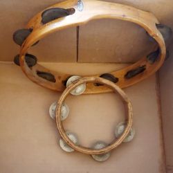 Lot Of Two, Small 6" And Larger 10" Skinless Handmade Wooden Tamborines
