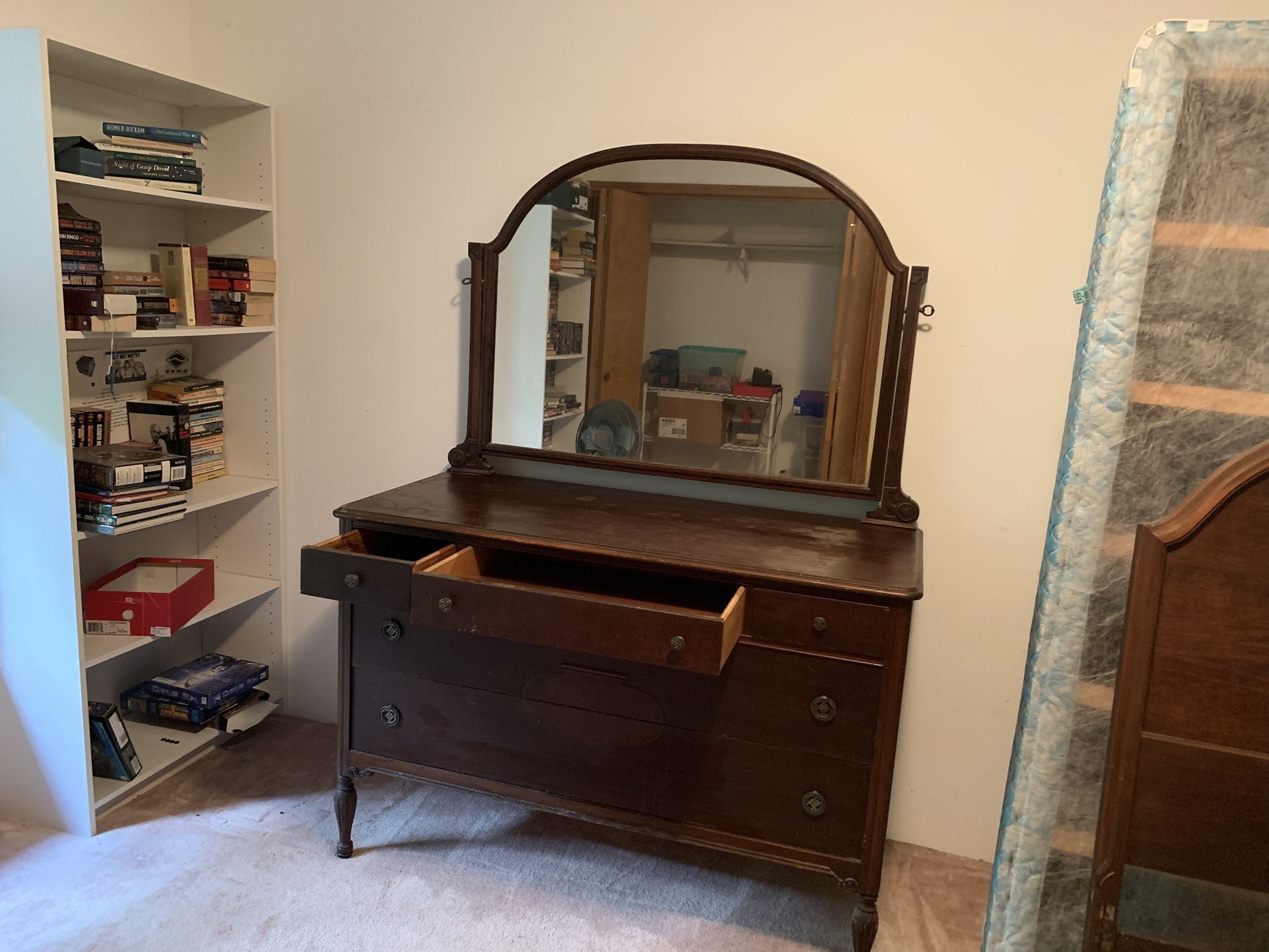 Antique Double Bed, Dresser, Mirror And Mattress Set.