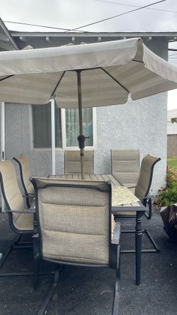 Patio Table, 6 Chairs & Umbrella & Umbrella Stand