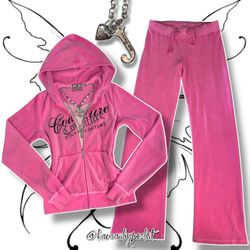 Vintage Y2K Juicy Couture Tracksuit (Pink/Black/Glitter Silver) - Size M