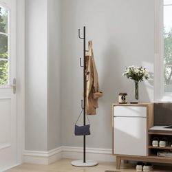 Coat Rack 6 Hooks 64.5 in Freestanding Metal Coat Rack Coat and Hat Hanger Organizer Rack Garment Stand with White Stone Base for Home, Office, Entryw
