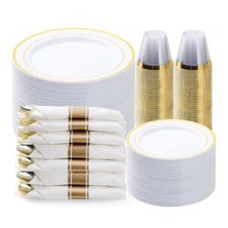 350PCS Gold Plastic Dinnerware Set, Disposable Party Plates for 50 Guests, Include: 100 Plastic Plates, 50 Pre Rolled Napkins with Gold Silverware, 50