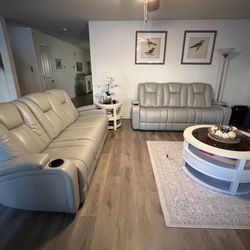  Dual Leather Recliner Sofa Set And Tables