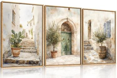 HPNIUB Vintage Italy Landscape Framed Wall Art Set,Green Olive Tree Wall Decor,Neutral Italian Countryside Artwork, Rustic Europe Nature City Art Prin